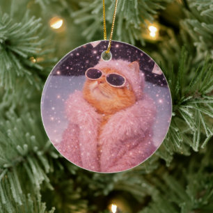 Glam Money Cat in Pink Fur Coat and Sunglasses     Ceramic Tree Decoration