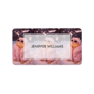 Glam Money Cat in Pink Fur Coat and Sunglasses Label