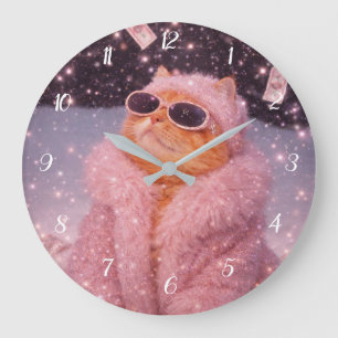 Glam Money Cat in Pink Fur Coat and Sunglasses     Large Clock