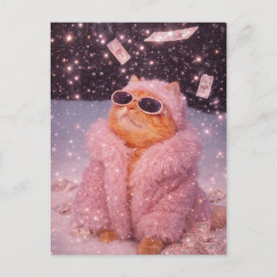 Glam Money Cat in Pink Fur Coat and Sunglasses     Postcard