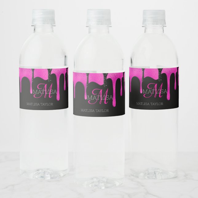Glam Monogram Dripping Glitter Black Hot Pink  Water Bottle Label (Bottles)
