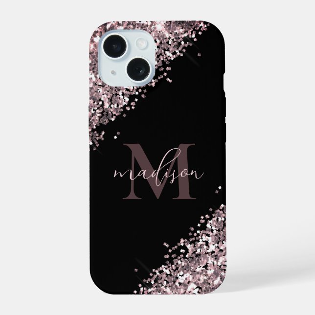 Glam Monogram Glitter Rose Gold iPhone 15 Case (Back)