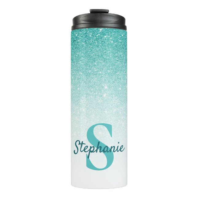Glam Monogram Glitter Teal Ombre Thermal Tumbler (Front)