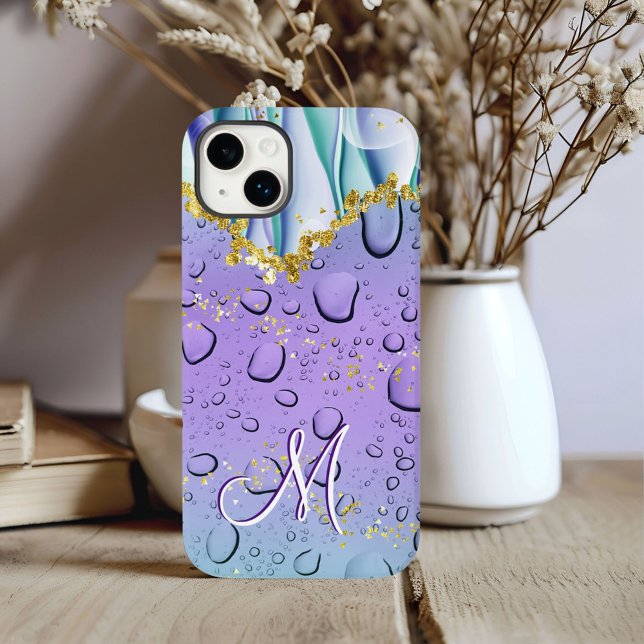 Glam Monogram M Gold Purple Fantasy Rain Droplets Case-Mate iPhone Case (Creator Uploaded)