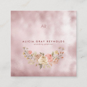 Glam Monogram Rose Gold Floral Wedding Planner Square Business Card