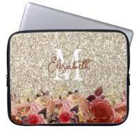 Glam Monogram Rose Gold Flowers Light Gold Glitter