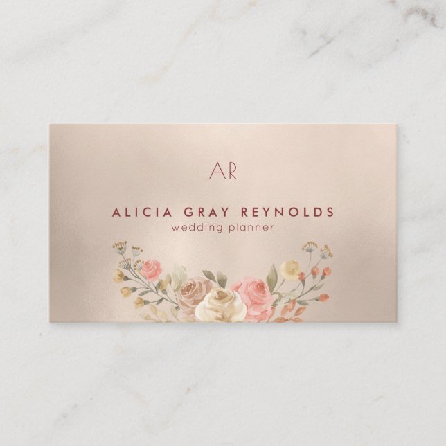 Glam Monogram Watercolor Floral Wedding Planner Business Card (Front)