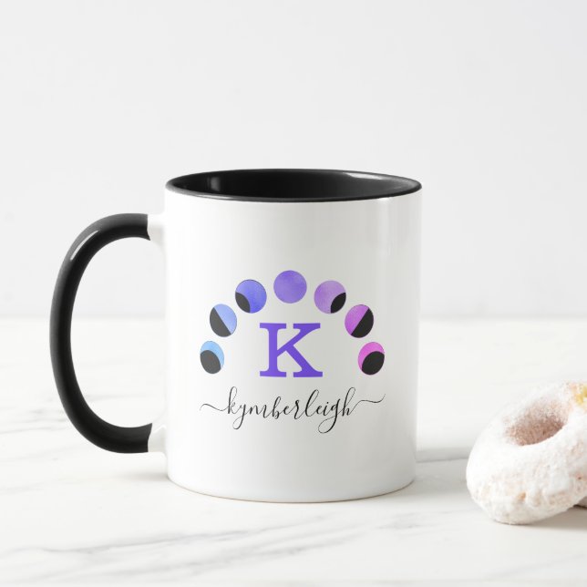 Glam Moon Phases Purple Pink Teal Monogram Name Mug (With Donut)