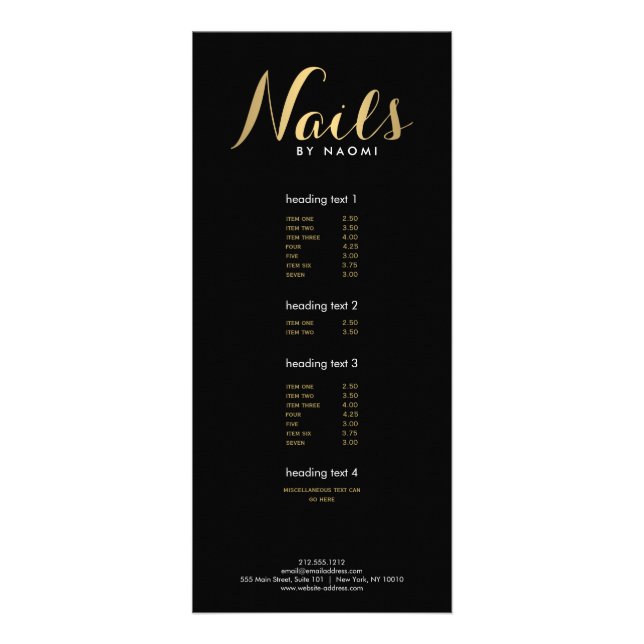 Glam Nails Script Text Gold/Black Rack Card (Front)