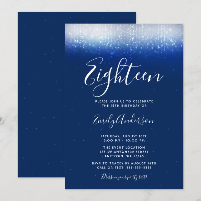 Glam Navy Blue 18th Birthday Invitation (Front/Back)