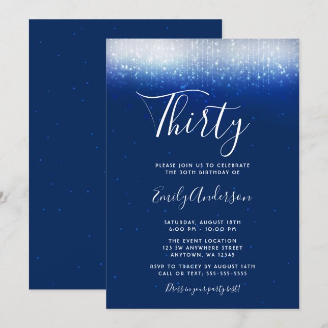 Glam Navy Blue 30th Birthday Invitation (Front/Back)
