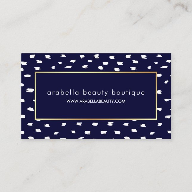 Glam Navy Blue and White Dots and Faux Gold Accent Business Card (Front)