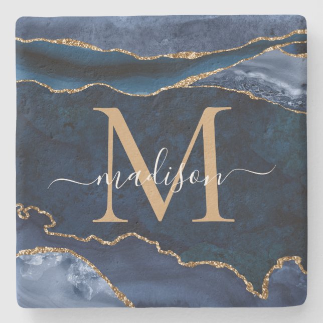 Glam Navy Blue Gold Agate Geode Glitter Monogram Stone Coaster (Front)