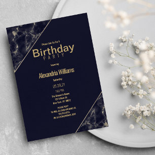 Glam navy blue gold elegant marble Birthday Party Invitation