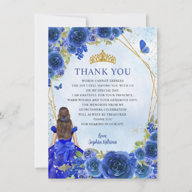 Glam Navy Blue Gold Floral Princess Quinceañera Thank You Card (Front)