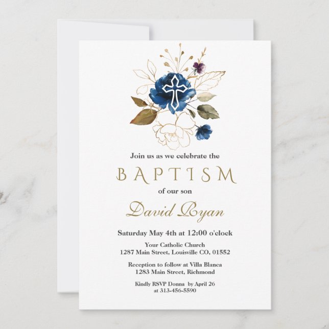 Glam Navy Blue Gold Floral White Cross Boy Baptism Invitation (Front)