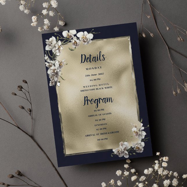 Glam navy blue gold white orchid Details Program Invitation (Glam navy blue gold white orchid Details Program)