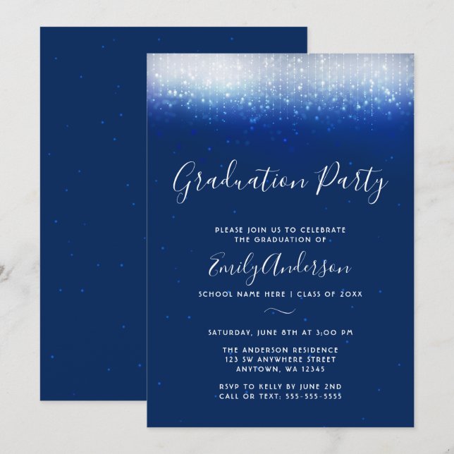 Glam Navy Blue Graduation Party Invitation (Front/Back)