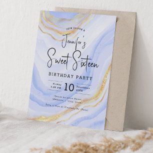 Glam Navy Blue Marble Glitter Sweet 16 Party Invitation