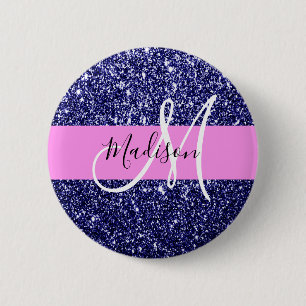 Glam Navy Blue Pink Glitter Sparkles Name Monogram 6 Cm Round Badge