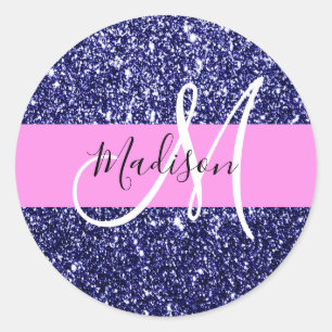 Glam Navy Blue Pink Glitter Sparkles Name Monogram Classic Round Sticker