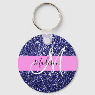 Glam Navy Blue Pink Glitter Sparkles Name Monogram Key Ring