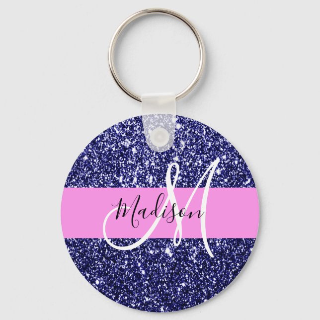 Glam Navy Blue Pink Glitter Sparkles Name Monogram Key Ring (Front)