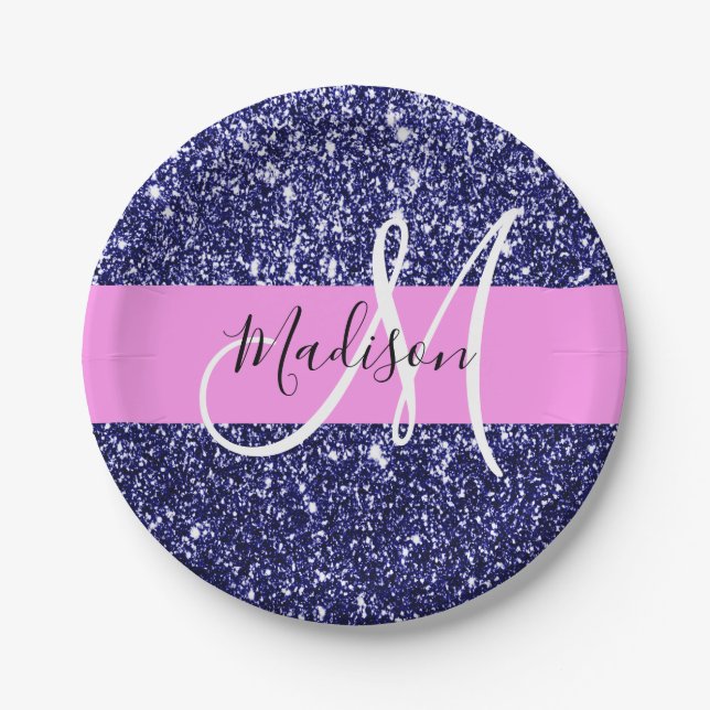 Glam Navy Blue Pink Glitter Sparkles Name Monogram Paper Plate (Front)