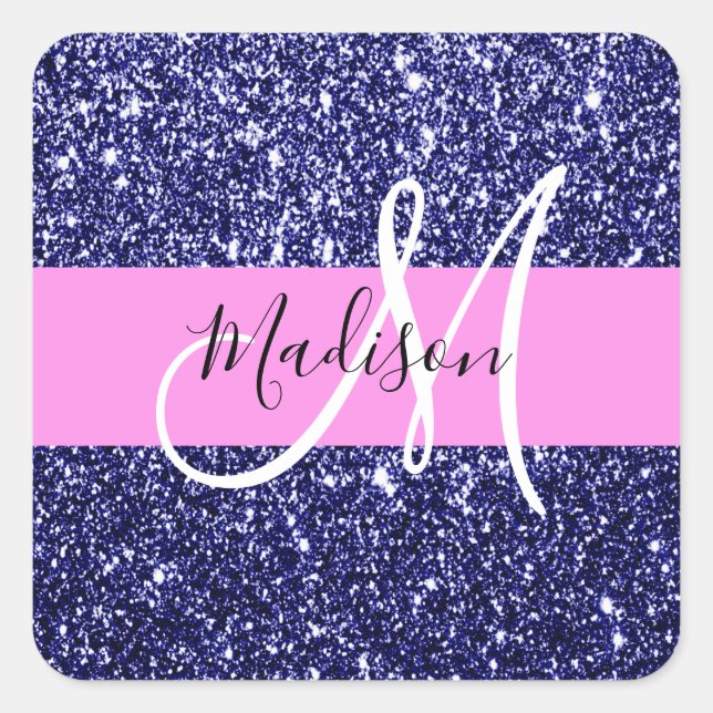 Glam Navy Blue Pink Glitter Sparkles Name Monogram Square Sticker (Front)