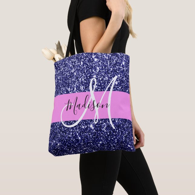 Glam Navy Blue Pink Glitter Sparkles Name Monogram Tote Bag (Close Up)