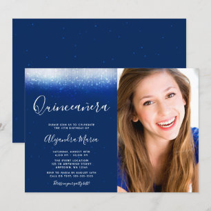 Glam Navy Blue Quinceanera Photo Invitation