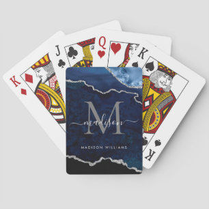 Glam Navy Blue Silver Agate Geode Glitter Monogram Playing Cards