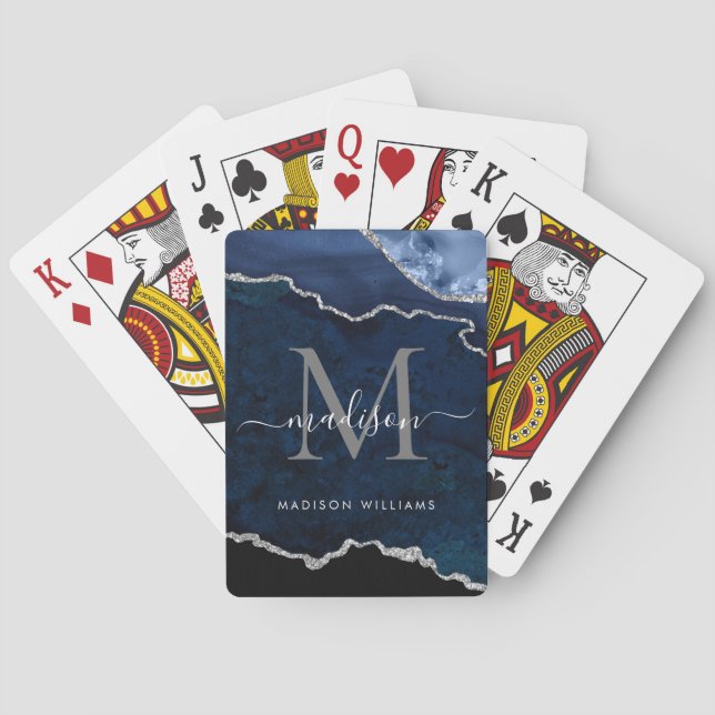 Glam Navy Blue Silver Agate Geode Glitter Monogram Playing Cards (Back)