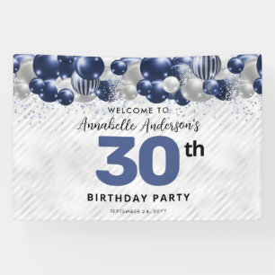 Glam Navy Blue Silver Balloon Glitter Welcome Banner