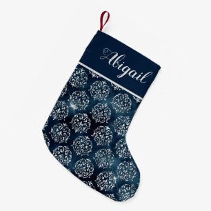 Glam Navy Blue Silver Damask Personalised Small Christmas Stocking