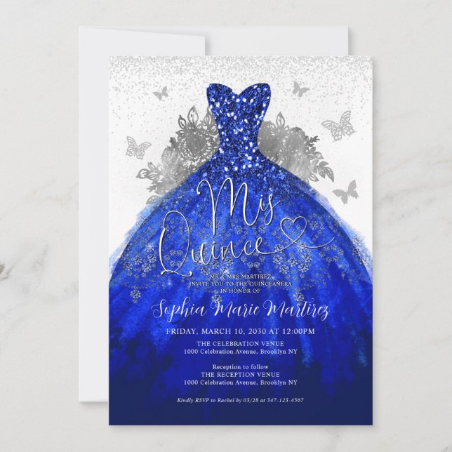 Glam Navy Blue Silver Dress Mis Quince Quinceañera Invitation (Front)