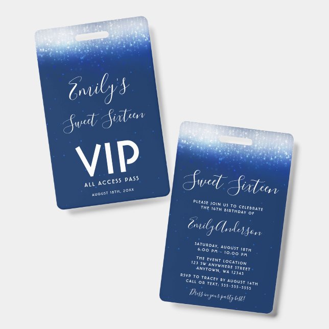 Glam Navy Blue Sweet 16  Invitation VIP Pass ID Badge (Front & Back)