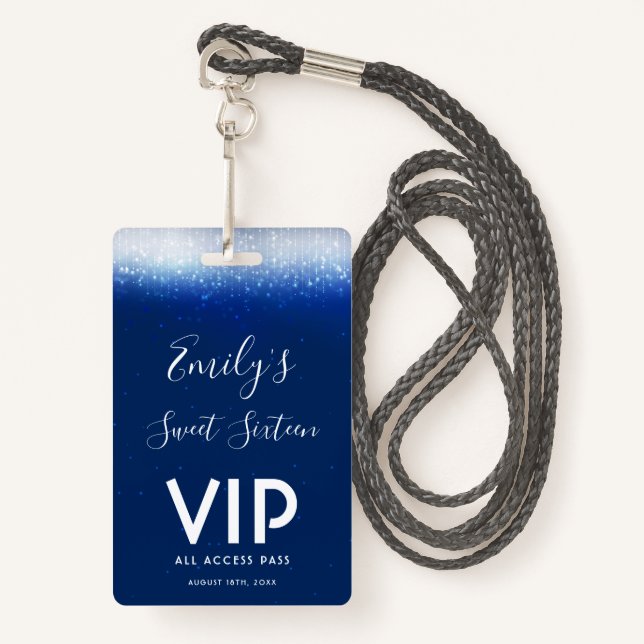 Glam Navy Blue Sweet 16  Invitation VIP Pass ID Badge (Front with Lanyard)