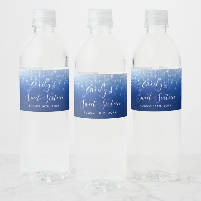 Glam Navy Blue Sweet 16 Water Bottle Label (Bottles)