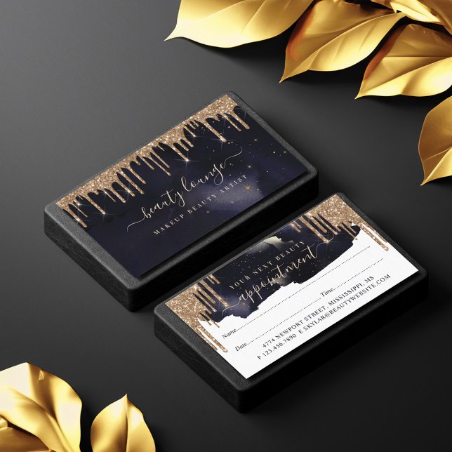  Glam Navy & Gold Glitter Drips Elegant Beauty Appointment Card (Glam Navy & Gold Glitter Drips Elegant Beauty Appointment Card)