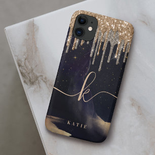 Glam Navy & Gold Glitter Drips Script Monogram iPhone 11 Case