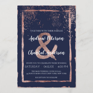 Glam Navy Rose Gold Confetti Brushstroke Wedding Invitation