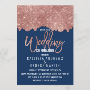 Glam Navy Rose Gold Glitter Colour Block Wedding Invitation