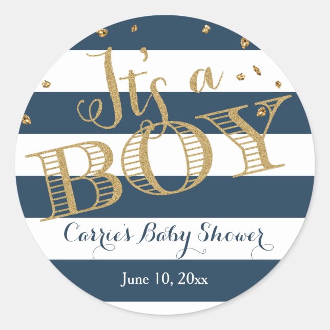 Glam Navy Rugby Stripe Boy Baby Shower Sticker (Front)
