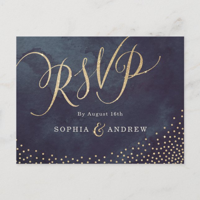 Glam night faux gold glitter calligraphy RSVP Invitation Postcard (Front)
