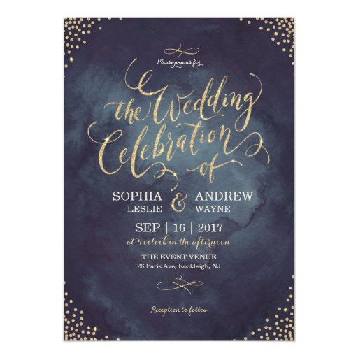 Image of Glam night faux gold glitter calligraphy wedding Invitation
