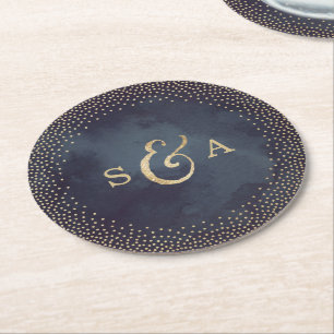 Glam night faux gold glitter wedding monogram round paper coaster