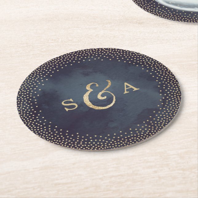 Glam night faux gold glitter wedding monogram round paper coaster (Angled)