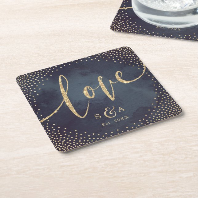 Glam night faux gold glitter wedding monogram square paper coaster (Angled)