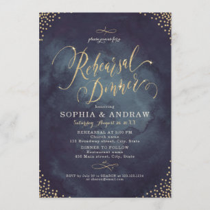 Glam night gold calligraphy Rehearsal Dinner Invitation